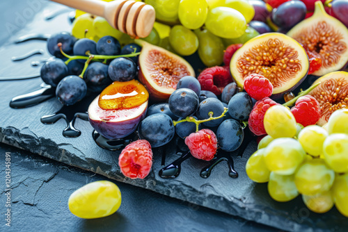 Summer Fruit Snack Board with Honey Drizzle on Slate Platter
