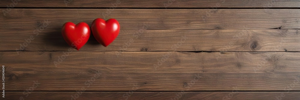Top view of two red hearts on wooden surface for Valentines day, precious mementos, flat lay, creative display Top view of two red hearts on wooden surface for Valentines day, precious mementos, flat lay, creative display