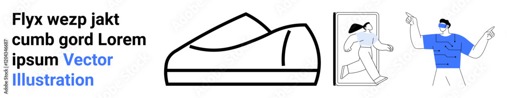 Shoe outline, mobile screen with running woman, and young man gesturing. Ideal for mobile app design, fitness, fashion, technology, user interaction, vector illustrations, landing page Shoe outline, mobile screen with running woman, and young man gesturing. Ideal for mobile app design, fitness, fashion, technology, user interaction, vector illustrations, landing page