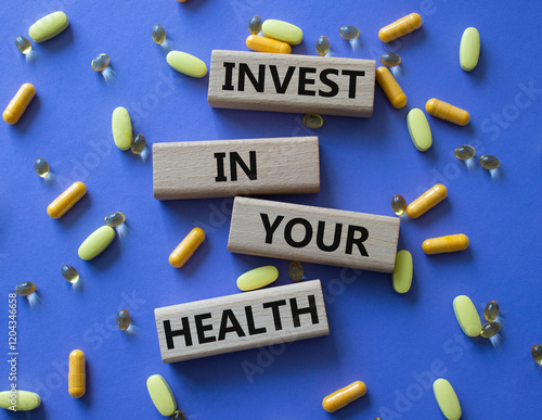 Invest in your Health symbol. Concept word Invest in your Health on wooden blocks. Beautiful purple background with pills. Medicine concept. Copy space photo