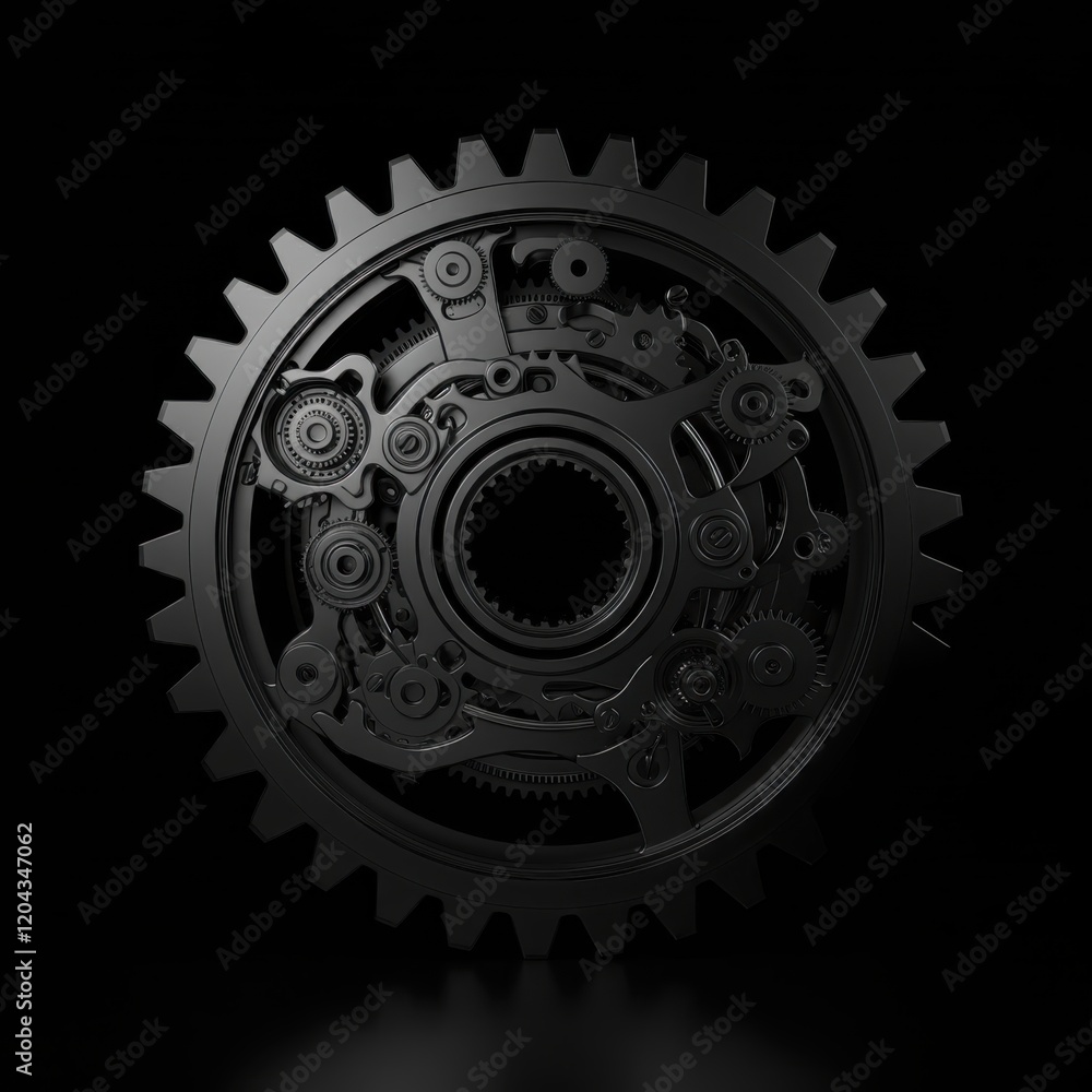 Dark industrial gear, high contrast black and white, circular mechanical component, intricate teeth pattern, shadows and highlights, metallic texture, close-up detail, steampunk aesthetic, monochromat Dark industrial gear, high contrast black and white, circular mechanical component, intricate teeth pattern, shadows and highlights, metallic texture, close-up detail, steampunk aesthetic, monochromat
