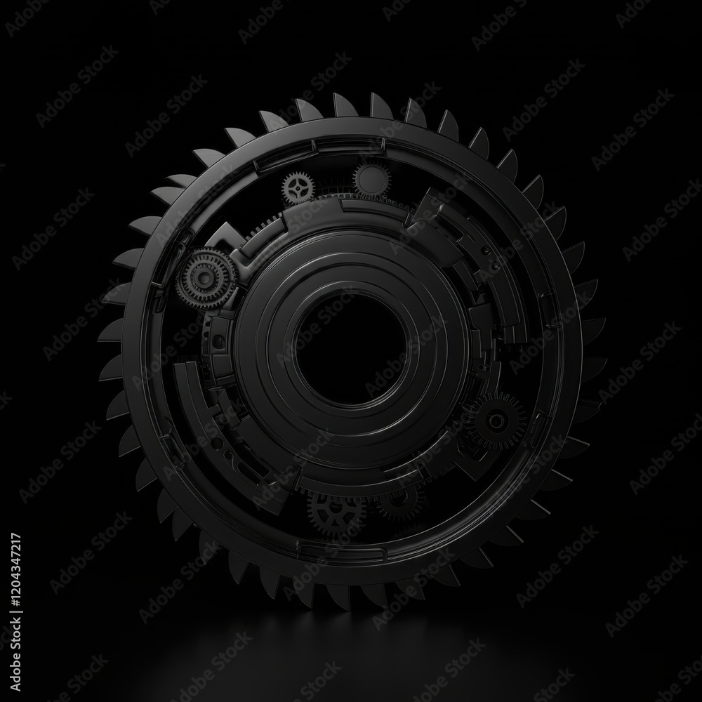 Dark industrial gear, high contrast black and white, circular mechanical component, intricate teeth pattern, shadows and highlights, metallic texture, close-up detail, steampunk aesthetic, monochromat Dark industrial gear, high contrast black and white, circular mechanical component, intricate teeth pattern, shadows and highlights, metallic texture, close-up detail, steampunk aesthetic, monochromat