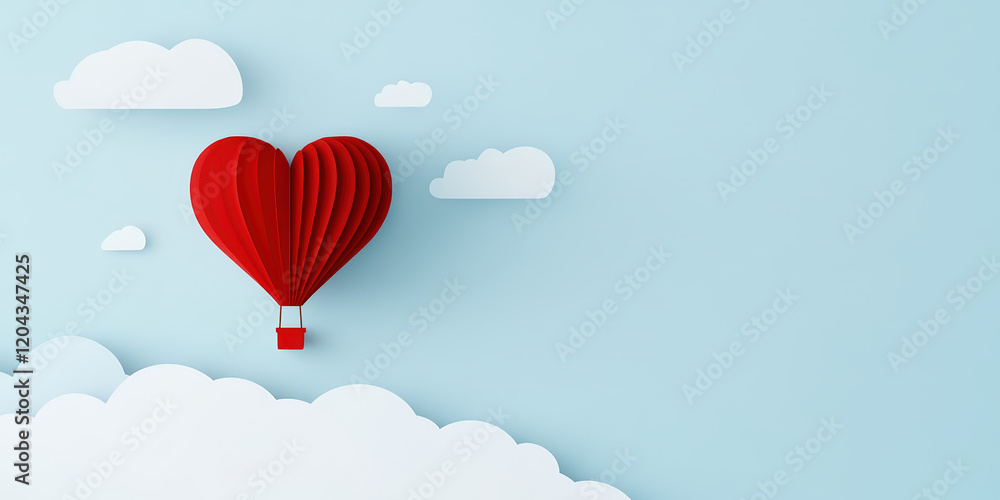 Obraz premium Hot air balloon shaped like a heart floating above clouds against a blue background during a serene daytime