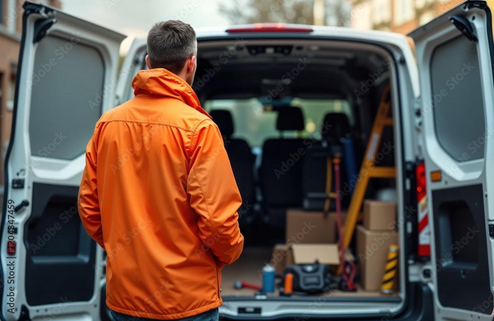 Man in orange jacket stands near open van back door. Van loaded with equipment. Pro looking. Scene daytime, outdoors by building. Warm lighting suggests sunset. Man appears serious, ready to work. Man in orange jacket stands near open van back door. Van loaded with equipment. Pro looking. Scene daytime, outdoors by building. Warm lighting suggests sunset. Man appears serious, ready to work.