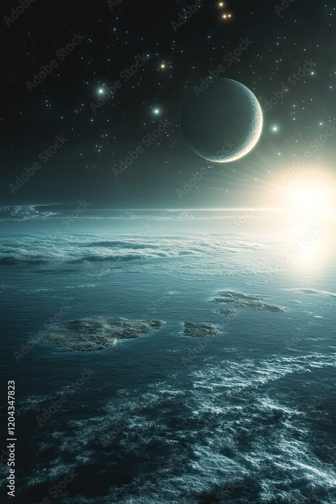 Serene cosmic landscape showcasing distant planet and radiant su Serene cosmic landscape showcasing distant planet and radiant su
