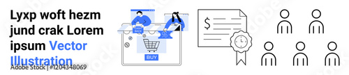 Business team collaborating with digital tools, e-commerce shopping cart, certification document, audience icons. Ideal for e-commerce strategy, online marketing, team collaboration, digital