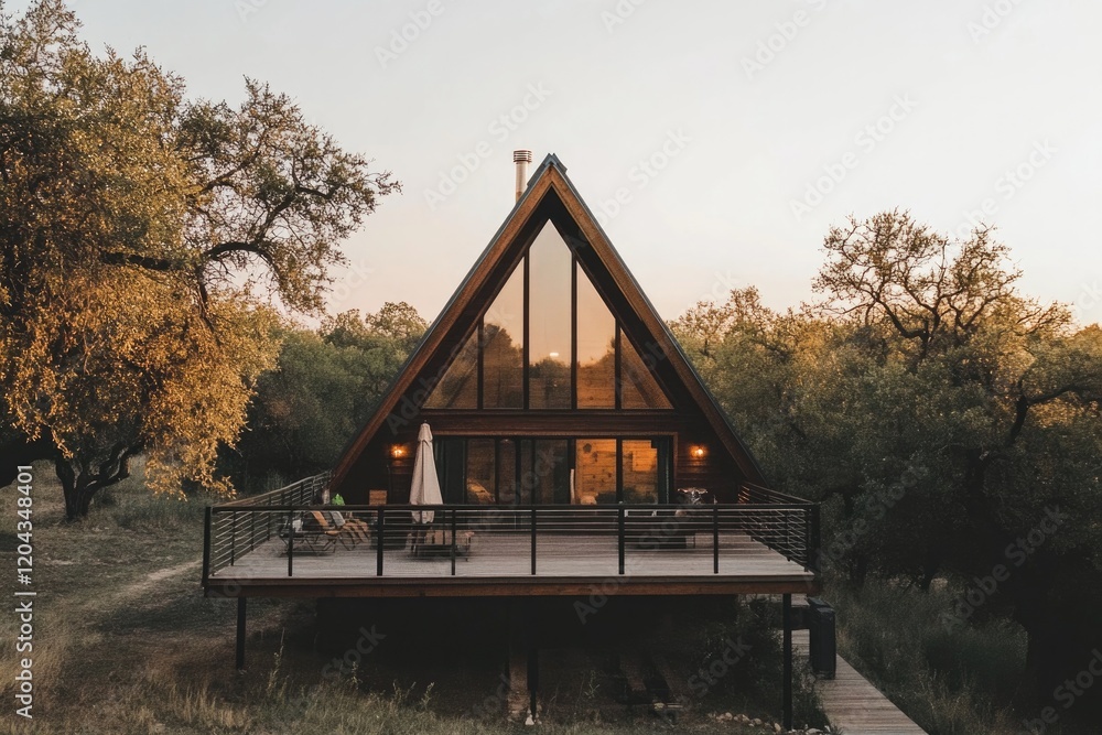 Fototapeta premium Modern A-frame house with large windows, surrounded by lush gree