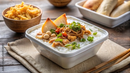 Simple bubur ayam: tender chicken, crunchy cakwe, and savory crackers.  A taste of Indonesia. photo