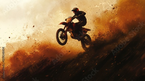 A motocross rider soaring through the air, dirt flying behind them, gritty action style photo