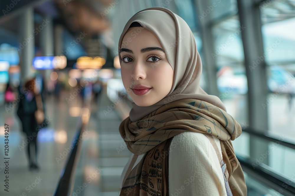 Portrait of beautiful young muslim woman with hijab in the airport, Ai Generated Portrait of beautiful young muslim woman with hijab in the airport, Ai Generated