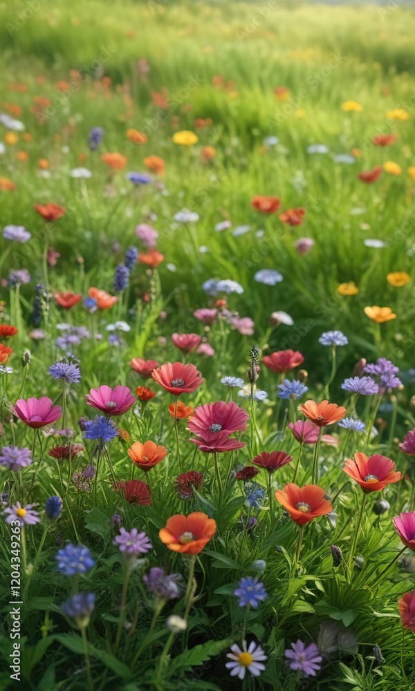 Vibrant wild flowers blooming on a green meadow, petals, wildflowers, nature Vibrant wild flowers blooming on a green meadow, petals, wildflowers, nature