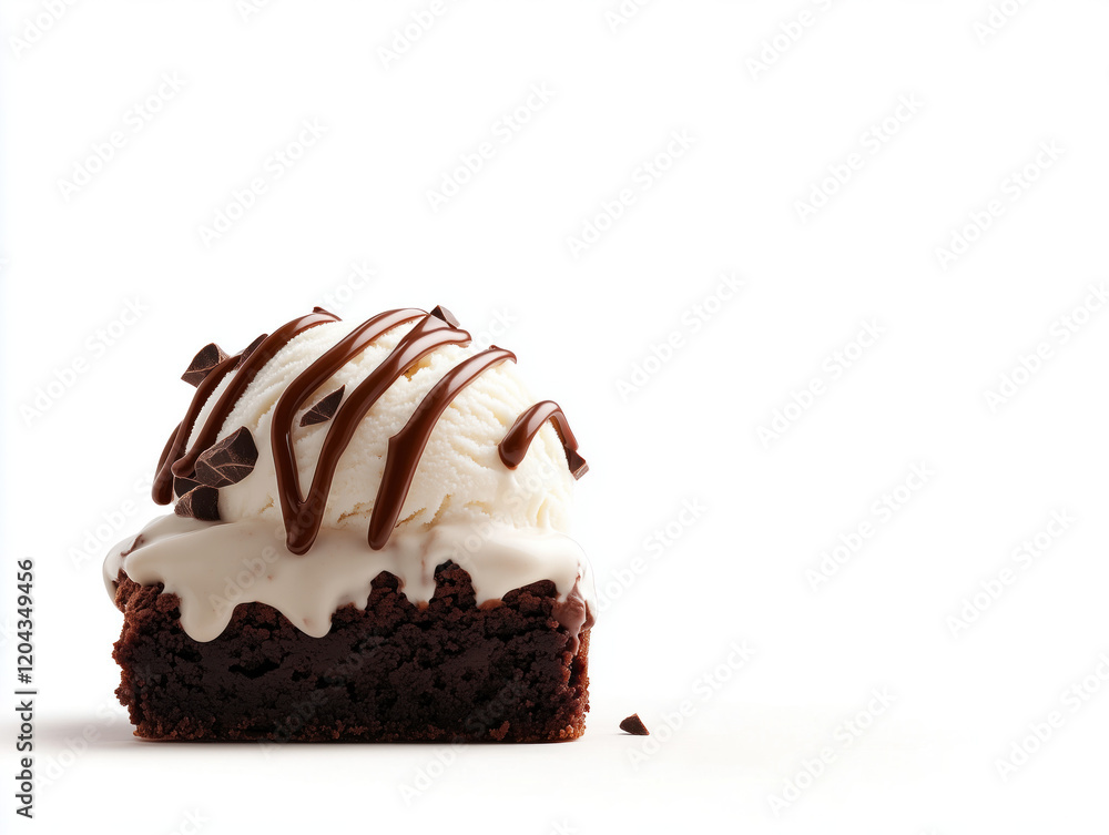 Decadent Chocolate Brownie with Vanilla Ice Cream and Chocolate Drizzle on White Background Decadent Chocolate Brownie with Vanilla Ice Cream and Chocolate Drizzle on White Background