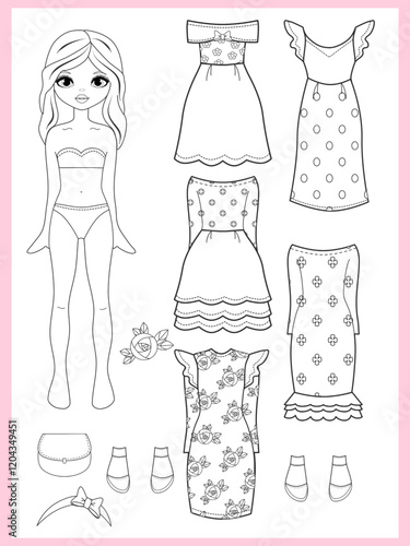 Paper doll clothes coloring page, book. Outline. Black and white. Fashion girl with clothes set, collection. Paper doll dress up, cutouts, cut out. Vector illustration. Paper doll printable . Stickers