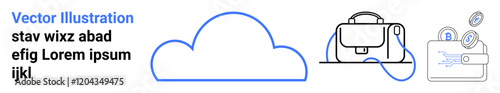 Blue cloud outline, a business briefcase, a wallet with visible coins and cards. Ideal for tech, finance, business, cloud storage, online services, e-commerce, digital security. Landing page