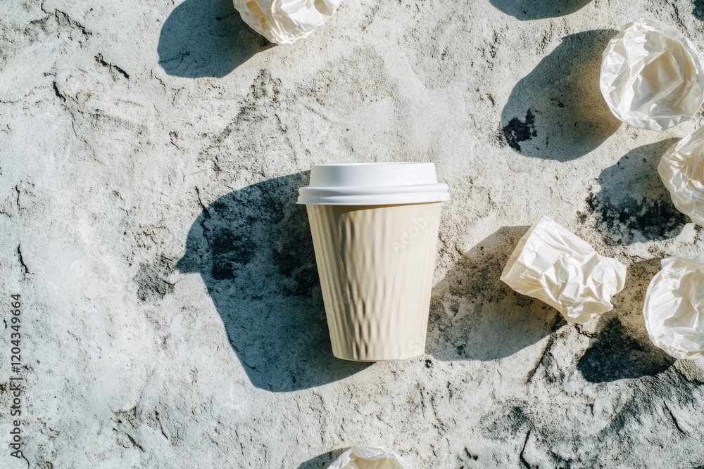Coffee cup on textured surface surrounded by crumpled paper, cre Coffee cup on textured surface surrounded by crumpled paper, cre