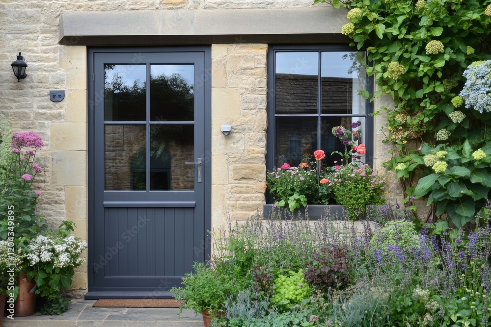 Charming garden door situated in a quaint stone cottage surrounded by colorful flowers and lush greenery during a sunny afternoon Charming garden door situated in a quaint stone cottage surrounded by colorful flowers and lush greenery during a sunny afternoon