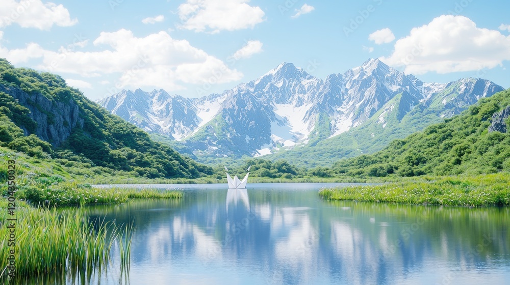 Serene mountain lake reflecting snow-capped peaks under a bright sky. (5) Serene mountain lake reflecting snow-capped peaks under a bright sky. (5)