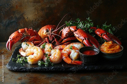 Richly arranged seafood platter featuring vibrant lobsters and s photo