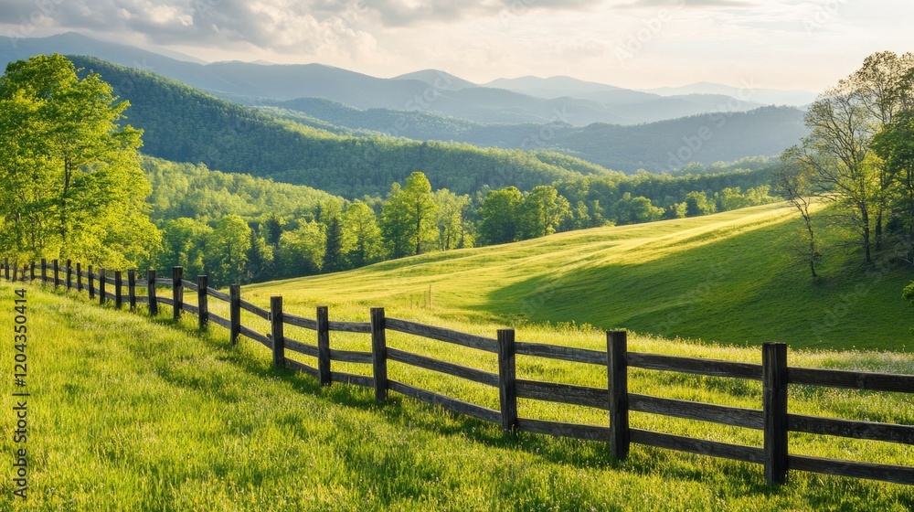 Sunlight bathes lush green fields bordered by rustic wooden fenc Sunlight bathes lush green fields bordered by rustic wooden fenc