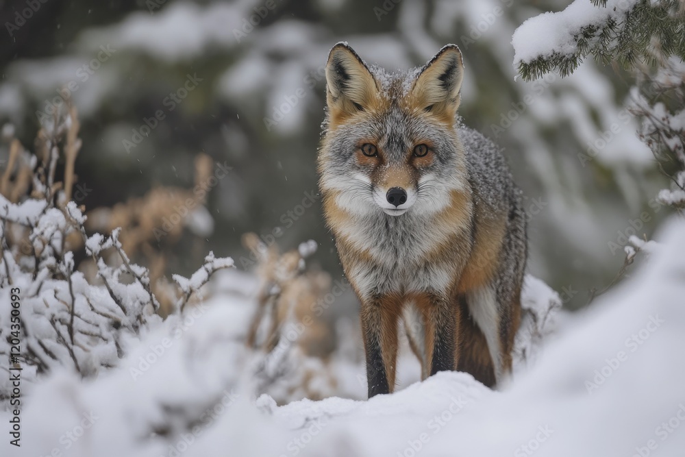 Fototapeta premium Snowy Scene with Fox Staring at the Camera