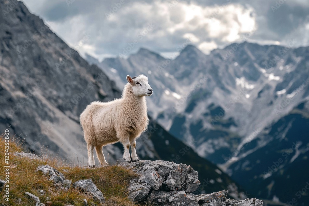 Fototapeta premium Goat in the mountains: A white silhouette against a backdrop of clouds and peaks