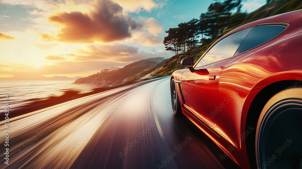 Obraz premium Red Car Sunset Drive: A sleek red sports car races along a coastal highway, leaving a trail of motion blur as the sun sets in a fiery blaze, creating an exhilarating picture of freedom and adventure.