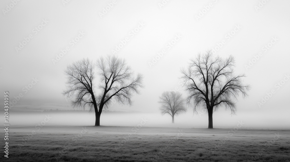 Obraz premium Fog blankets a serene landscape with bare trees standing tall in the distance at dawn