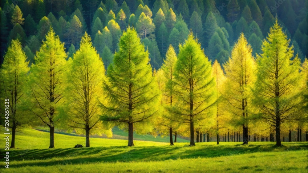 Spring's soft light silhouettes deciduous larch trees, shallow focus blurring the background. Spring's soft light silhouettes deciduous larch trees, shallow focus blurring the background.
