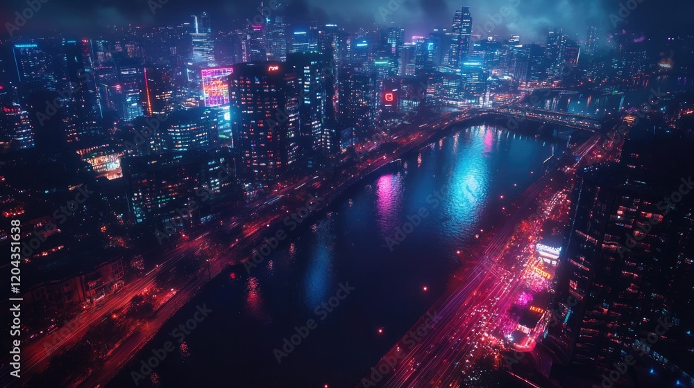 Vibrant cityscape illuminated at night, reflecting neon lights o Vibrant cityscape illuminated at night, reflecting neon lights o