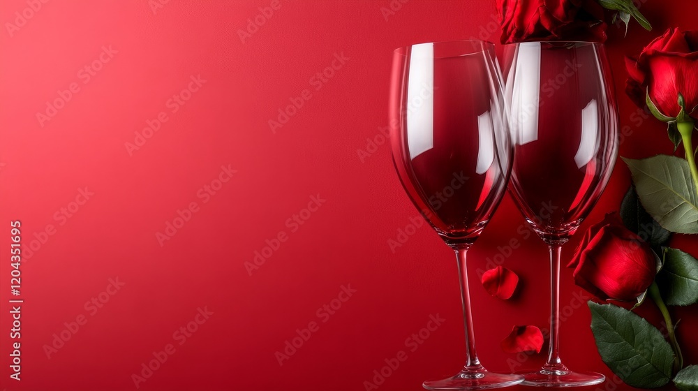 Red roses paired with an empty red wine glass on a red background perfect for a Valentines dining concept Red roses paired with an empty red wine glass on a red background perfect for a Valentines dining concept