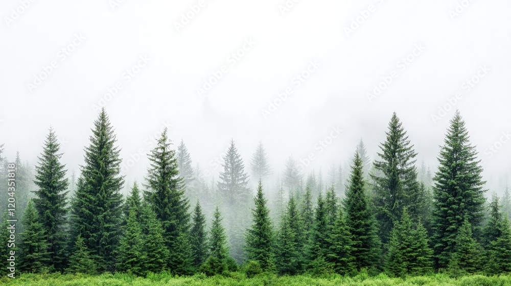 Misty forest with tall evergreen trees. Misty forest with tall evergreen trees.