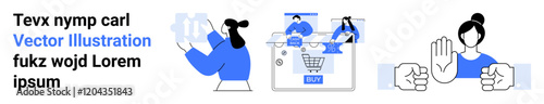 Woman pointing, people choosing products from a digital cart, hand gesture for stop. Ideal for e-commerce, online shopping, consumerism, digital marketing, user experience, product selection and web