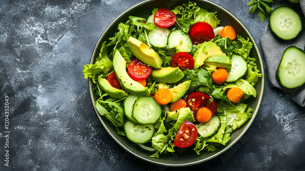 Healthy green salad with fresh avocado, cucumber, and vegetables in a bowl Healthy green salad with fresh avocado, cucumber, and vegetables in a bowl