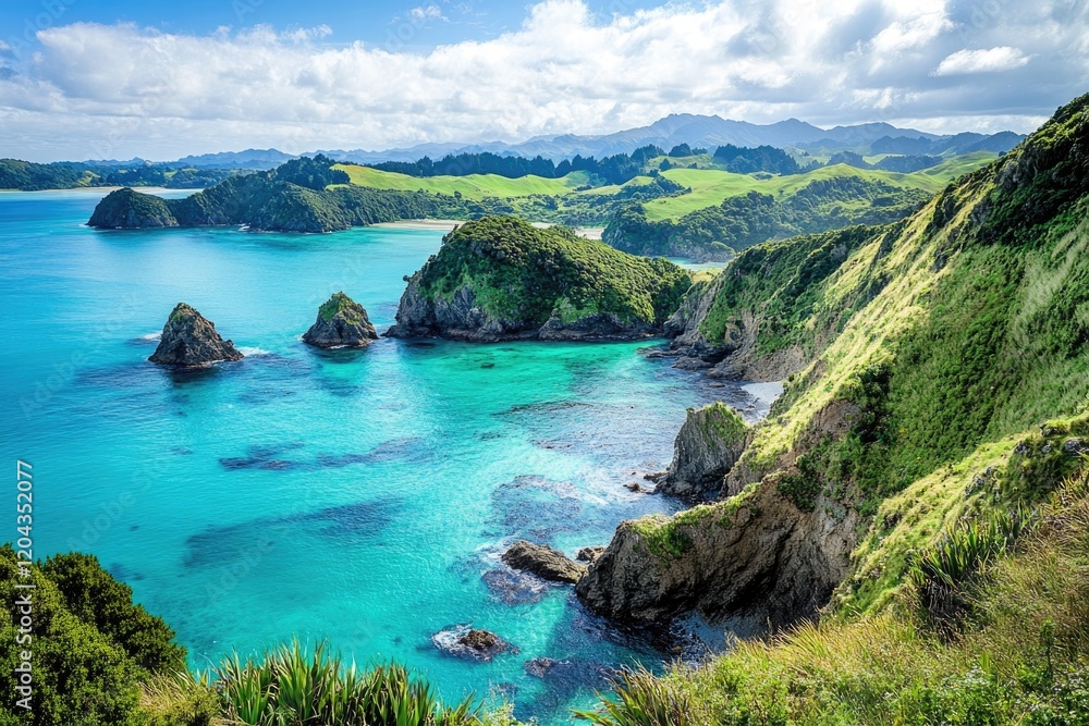 Lush coastal scenery showcases vibrant turquoise waters and rugg Lush coastal scenery showcases vibrant turquoise waters and rugg