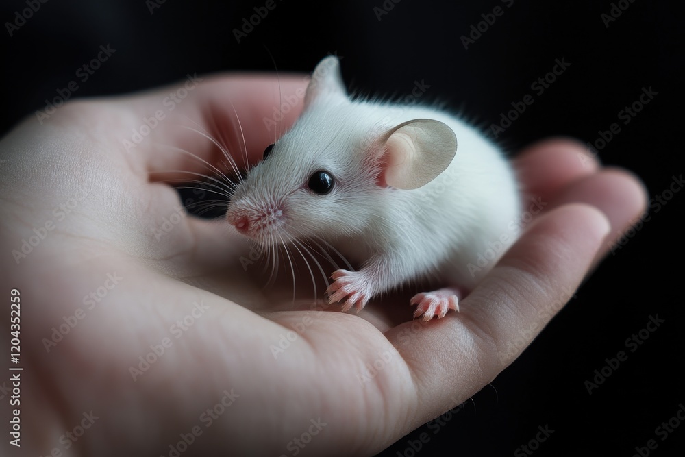 Small white mouse with pink ears and feet sitting calmly in a person's palm Small white mouse with pink ears and feet sitting calmly in a person's palm