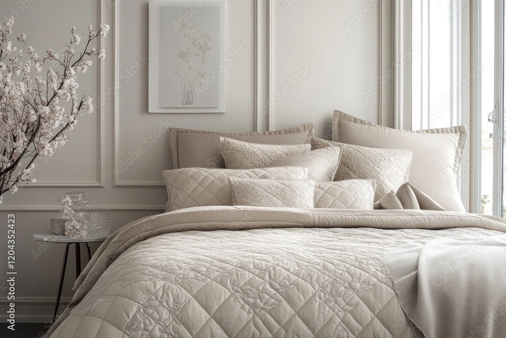 Fototapeta premium Cozy bedroom scene featuring soft beige bedding and elegant deco