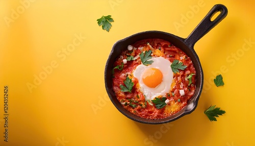 Shakshuka eggs in a pan on a yellow background