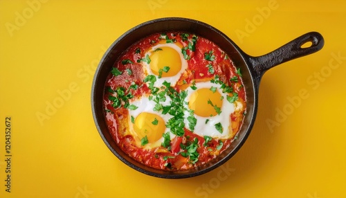 Shakshuka eggs in a pan on a yellow background