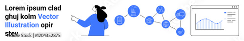 Businesswoman pointing at flowchart with finance, strategy, and marketing icons near computer screen displaying data analytics chart. Ideal for business plans, data dashboards, market reviews
