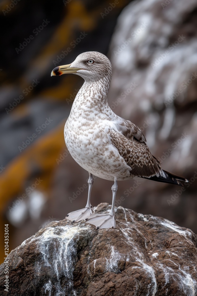 Seagull standing on a rock at rocky shoreline with yellowish-brown algae Seagull standing on a rock at rocky shoreline with yellowish-brown algae