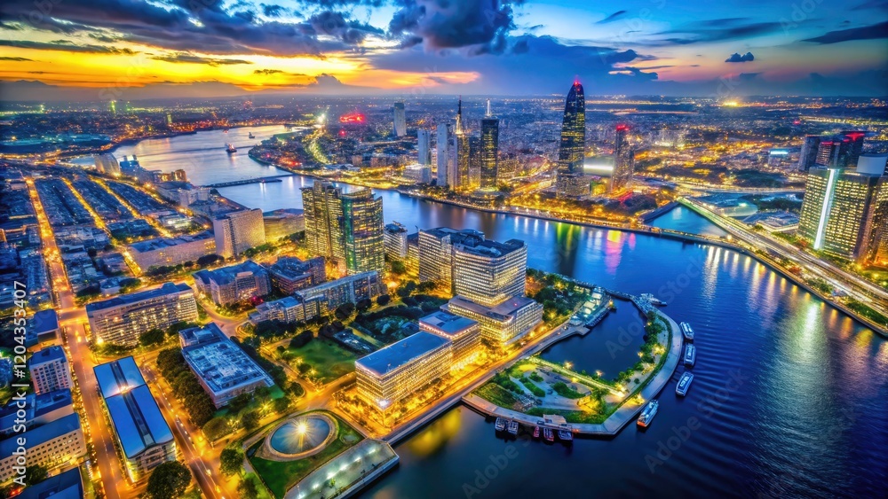 Obraz premium Stunning drone photography reveals Yokohama's breathtaking skyline at night.