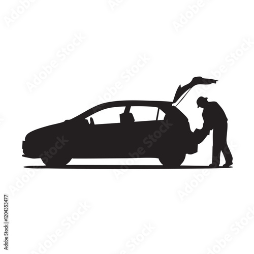 Silhouette of a car with open trunk and person standing at the back, black and white vector illustration highlighting vehicle shape and design, ideal for automotive and transportation themes.