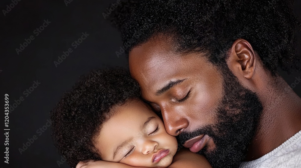 Obraz premium Loving African American father tenderly embracing his sleeping baby against a dark background.
