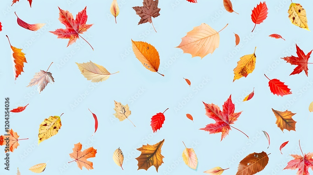 Different autumn leaves falling on pale light blue background Different autumn leaves falling on pale light blue background