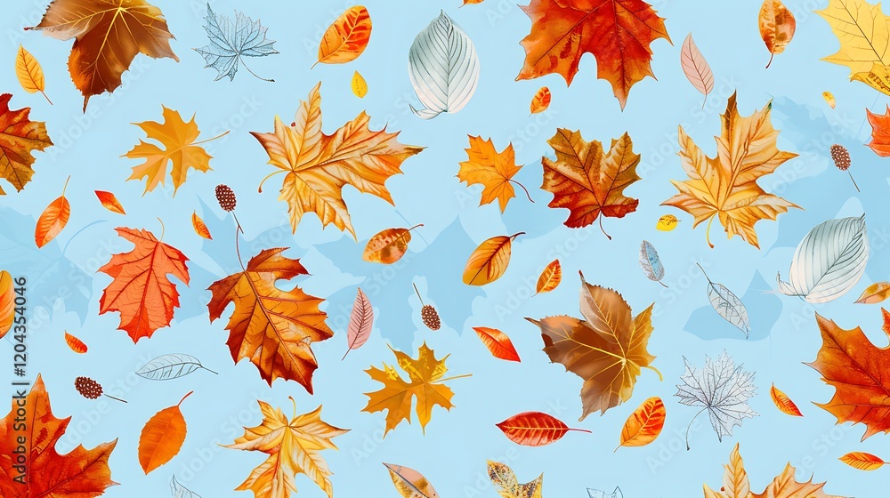 Fototapeta premium Different autumn leaves falling on pale light blue background