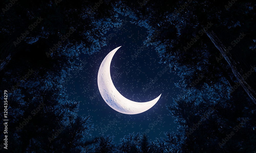 Naklejka premium Celestial Serenity, a tranquil night sky adorned with twinkling stars and a delicate crescent moon, creating a peaceful atmosphere.