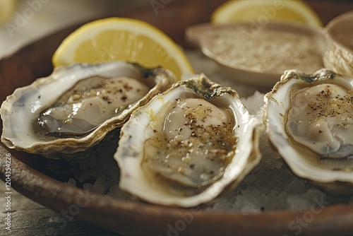 Freshly shucked oysters on rustic plate, garnished with lemon sl photo