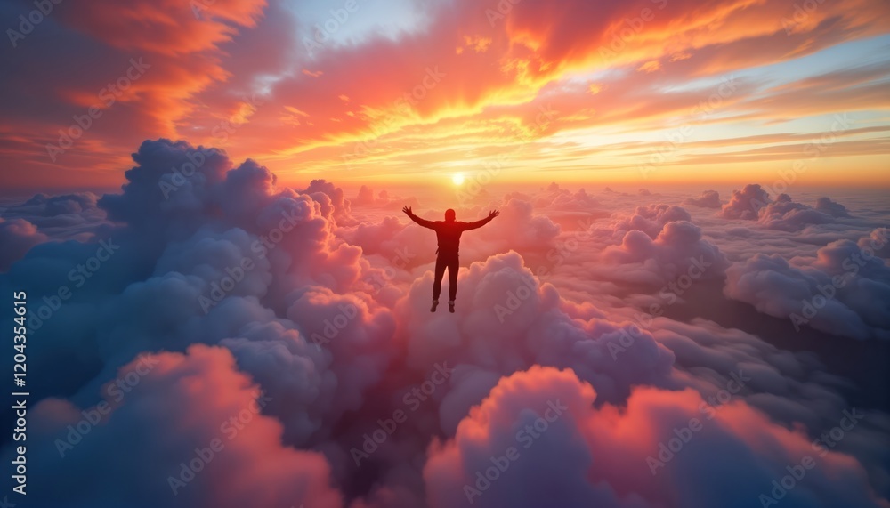 Person freefalling in clouds. Dramatic sunset sky. Skydiver airborne with arms outstretched. High above clouds. Epic views. Colorful sunset. Adventure photo. Extreme sport. Skydiving action. Person freefalling in clouds. Dramatic sunset sky. Skydiver airborne with arms outstretched. High above clouds. Epic views. Colorful sunset. Adventure photo. Extreme sport. Skydiving action.