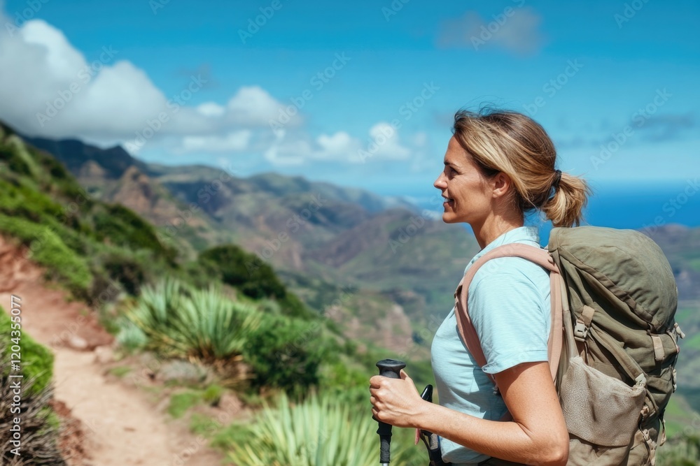 Naklejka premium Adventurous spirit enjoys breathtaking mountain views during hik