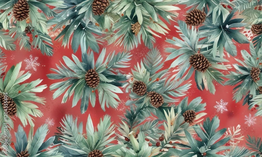 Watercolor winter palms pattern with christmas texture featuring snowflakes and pinecones, winter, texture, pinecones, snowflakes, christmas Watercolor winter palms pattern with christmas texture featuring snowflakes and pinecones, winter, texture, pinecones, snowflakes, christmas
